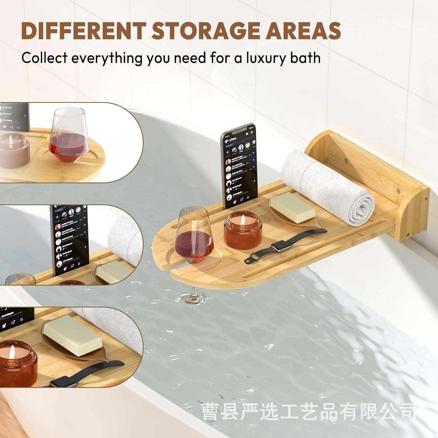 浴室木质置物架泡澡手机红酒架壁挂式可折叠跨境浴室架竹制浴缸架