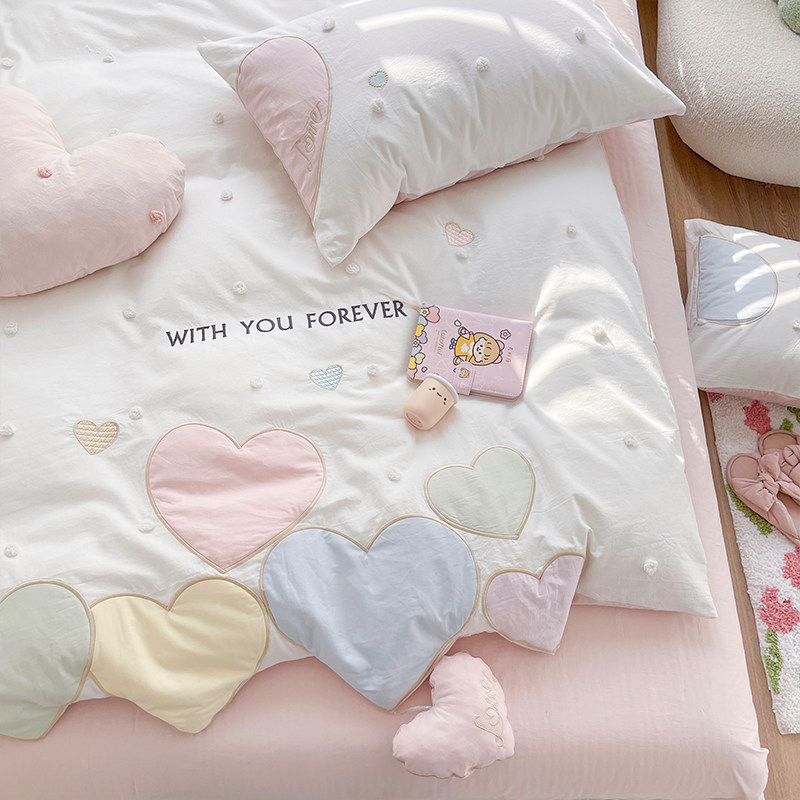 爱心吊坠公主风韩式毛球纯棉水D洗棉四件套全棉少女心床上用品