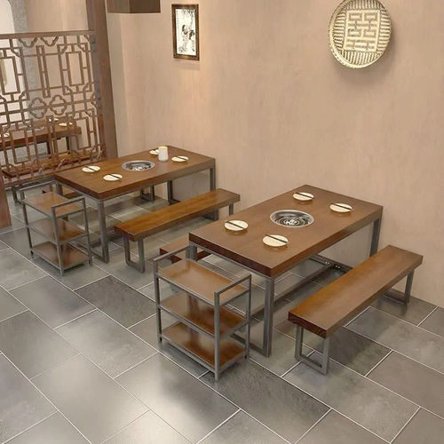 酒店商用长方形复古餐桌实木铁艺餐桌椅组合饭店餐U厅休闲火锅桌