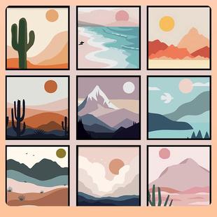 儿童小画diy数字油画小尺寸迷你日出日落手工简单填色装饰油彩画