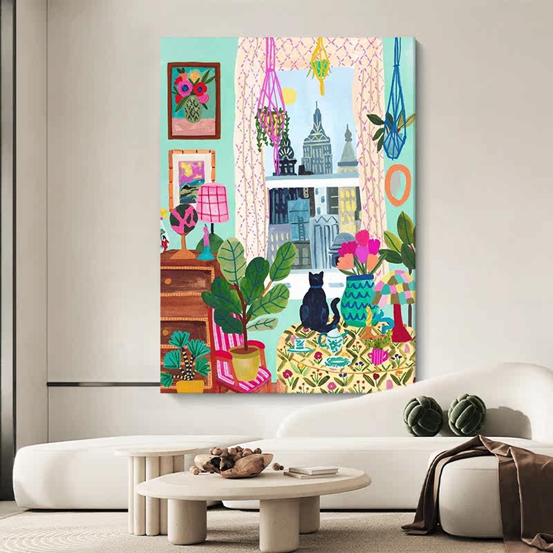 马蒂斯抽象手绘油画房间彩色猫咪丙烯装饰画客厅玄关小众艺术挂画图片