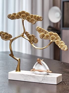 新中式禅意摆件别墅样板间软装饰品玄关大理石纯铜松树家居饰品
