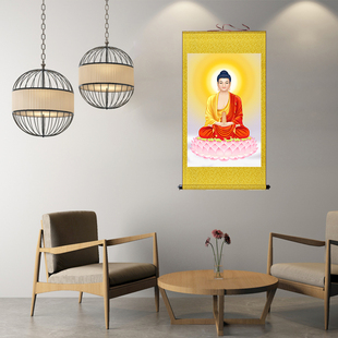 三世佛挂画三宝佛卷轴画佛像阿弥陀佛释迦牟尼佛堂供奉装饰丝绸画