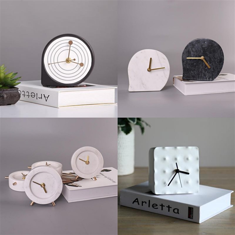 北欧简约现代几何形座钟摆件创意造型大理石树脂桌面立钟家居饰品