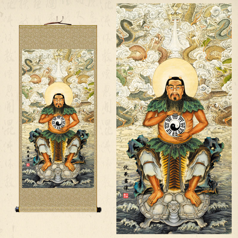 伏羲画像卷轴画神农氏中医会所养生装饰丝绸画人文始祖炎帝挂画