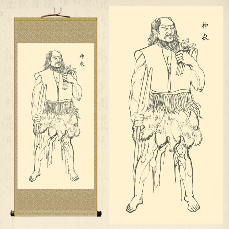 炎帝画像卷轴画神话人物丝绸画中医养生馆挂轴人文初祖神农氏挂画