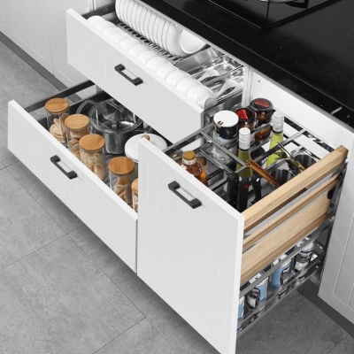 橱柜拉篮实心圆钢方钢500阻尼调味蓝550双层锅栏650柜体850碗碟篮