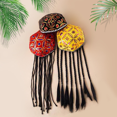 新疆舞维吾尔族帽子成人新疆儿童帽子带辫子民族舞蹈头饰六角花帽