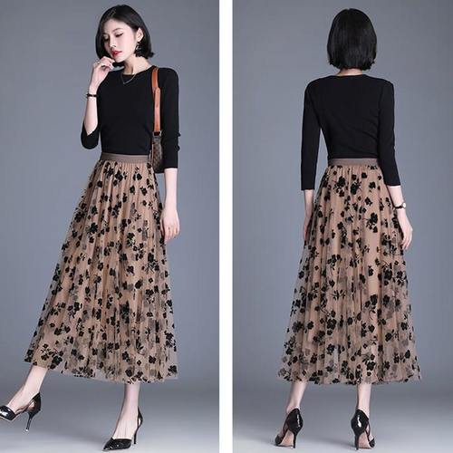 Mesh Floral Skirts For Women Spring Autumn Long Skirt Gauze