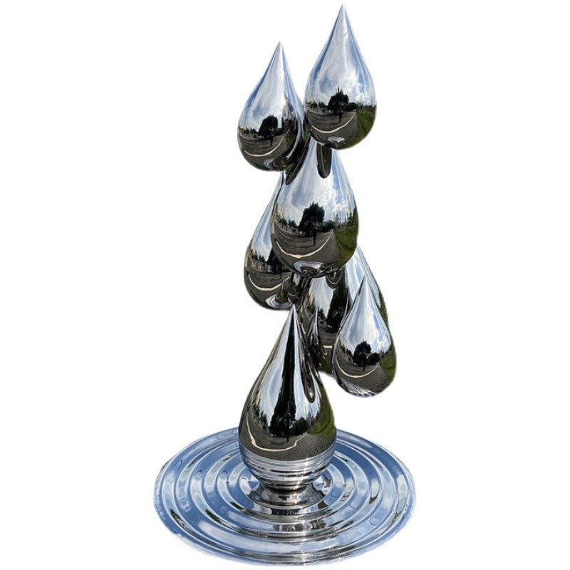 不锈钢抽象水滴雕塑金属镜面简约水波纹摆件户外售楼部水池装饰品