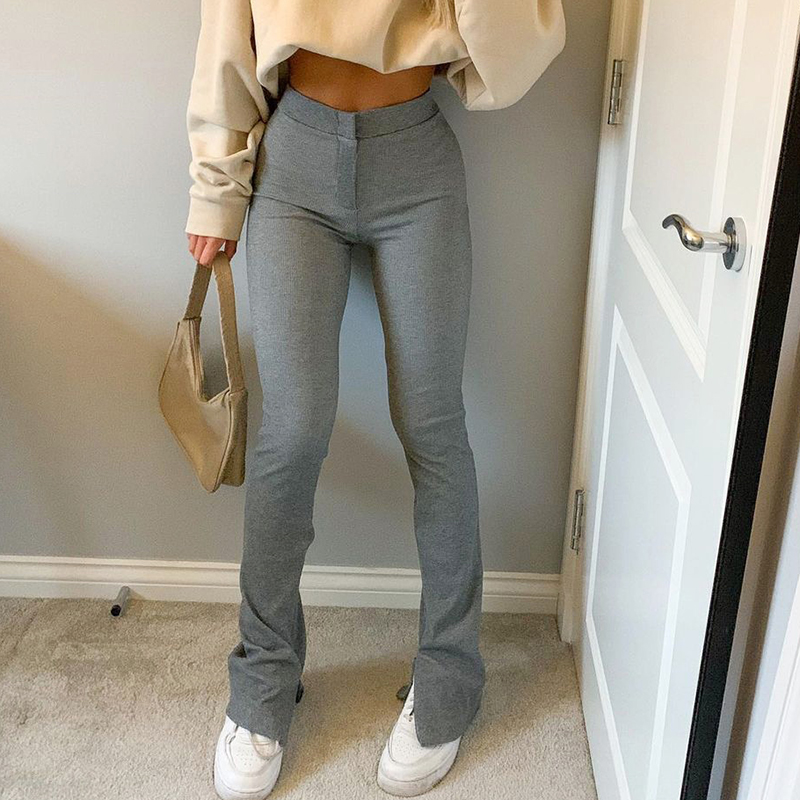 Womens Split Casual Trousers Fashion Solid Color High-wais