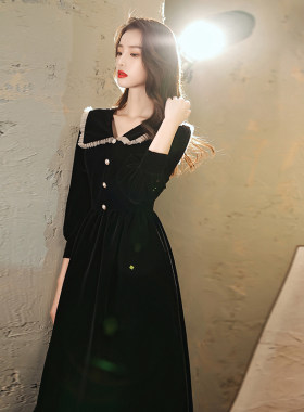好货法式小礼服黑色晚礼服平时可穿年会中长款气质显瘦女小个子赫
