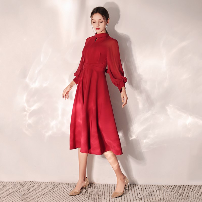 好货红色小晚礼服结婚裙子现代结婚平时可穿中长款新娘敬酒服连衣