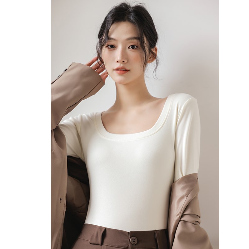 好货双面德绒方领打底衫女秋冬保暖内衣修身长袖T恤低领黑色内搭
