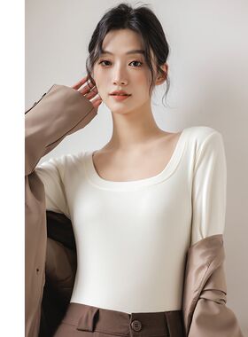 好货双面德绒方领打底衫女秋冬保暖内衣修身长袖T恤低领黑色内搭
