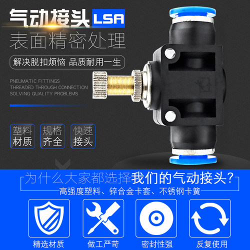 好货PA气管快速快插气动调节接头限流阀LSA8 4 6 10 12mm管道式节