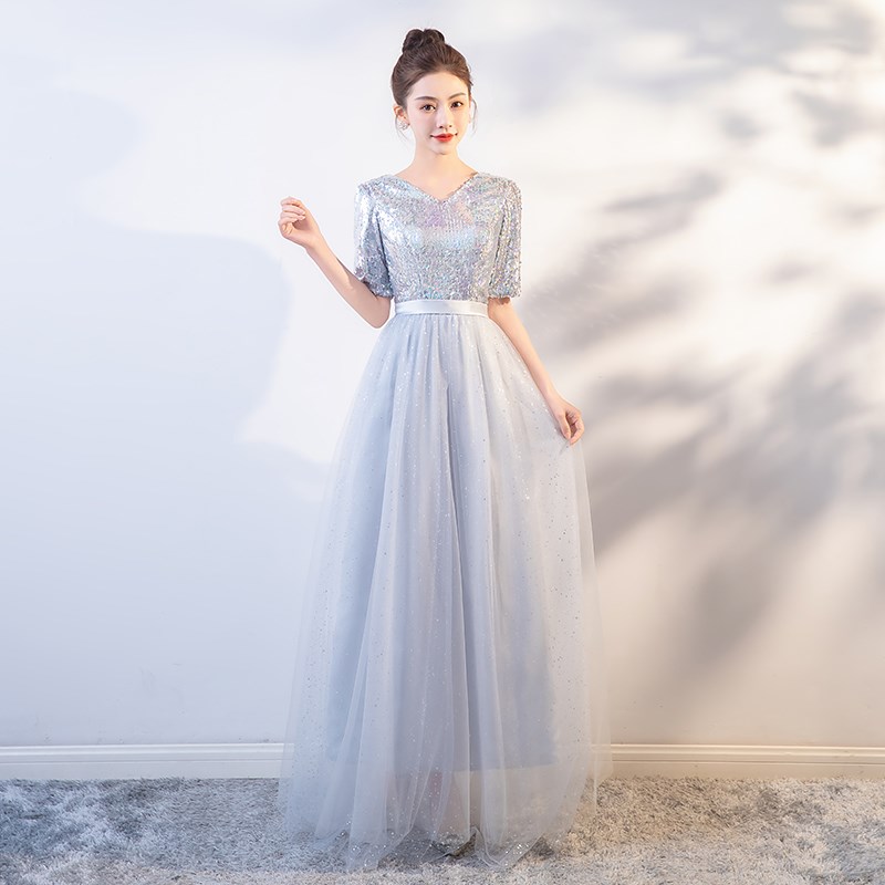 好货银灰色晚礼服女连衣裙成人钢琴艺考主持宴会晚礼服合唱演出指