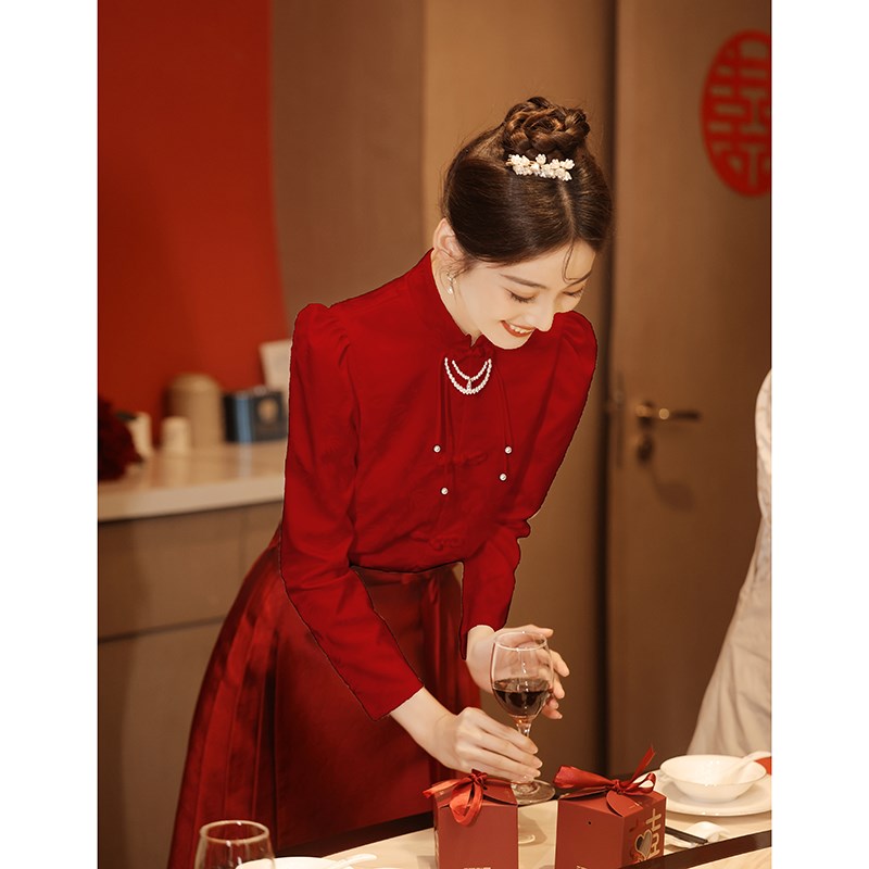 好货马面裙婚服敬酒服新娘酒红色订婚服喜服旗袍套装结婚新中式礼