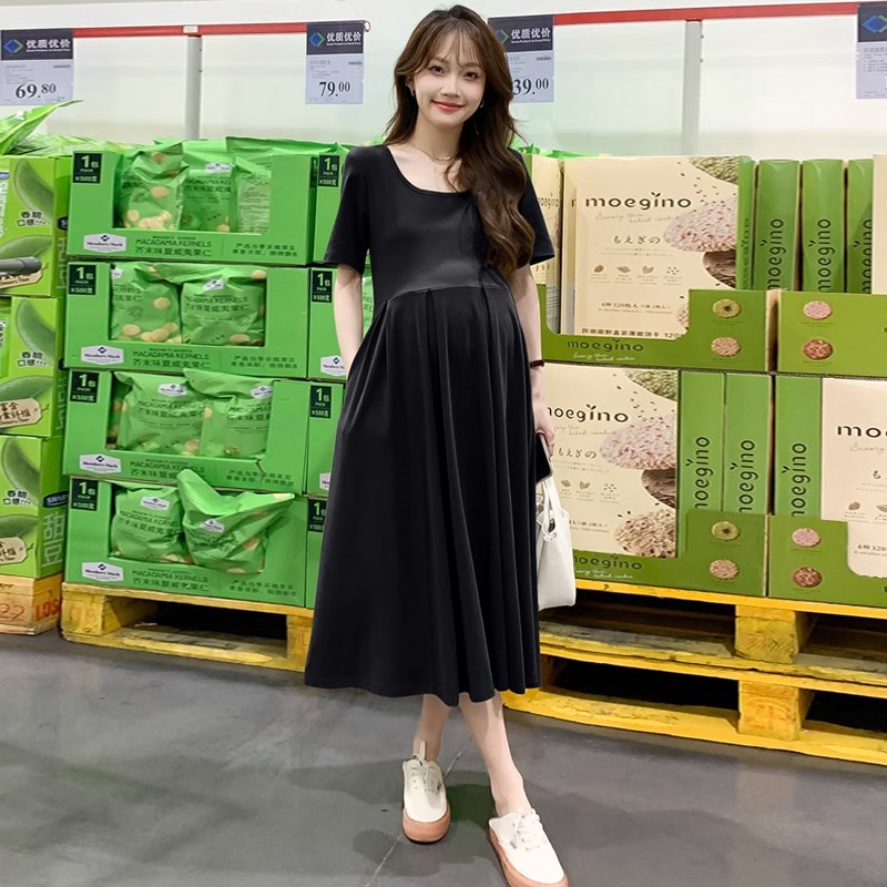 好货孕妇装夏装连衣裙2025新款夏季法式气质短袖黑色T恤裙显瘦小