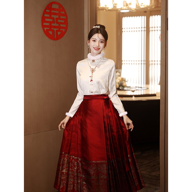 好货新中式订婚马面裙婚服敬酒服领证小白裙衣服毛毛宴会年会白色