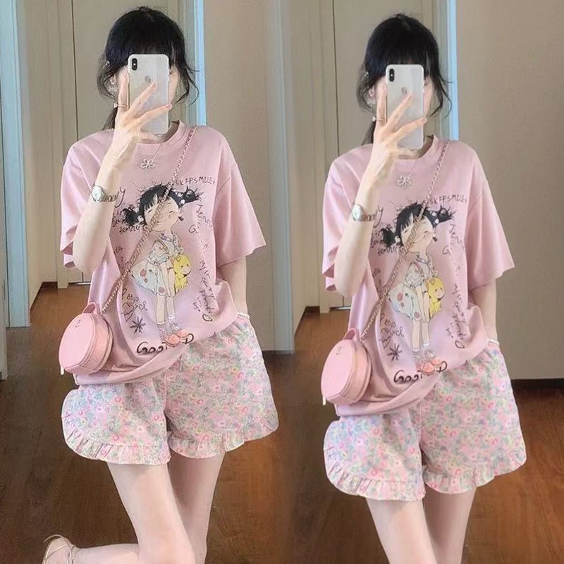 好货孕妇装夏套装潮妈孕期穿搭设计感短袖T恤时尚外穿碎花短裤两