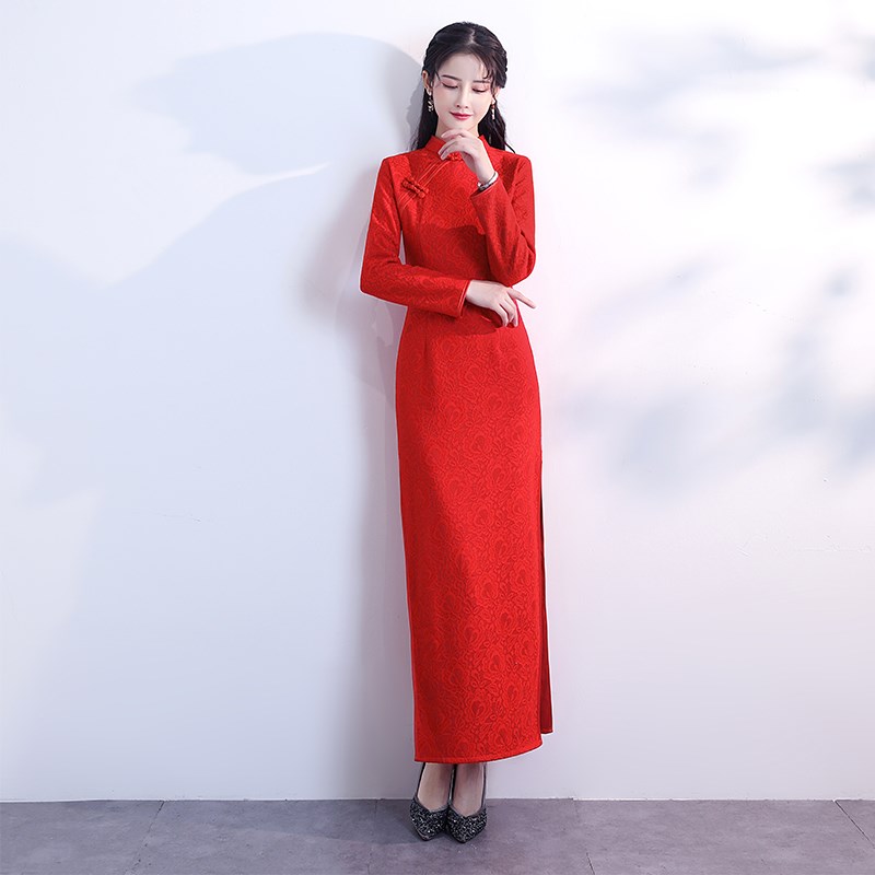 好货礼仪迎宾旗袍加绒冬款女冬长袖礼服加厚冬装红色外嫁女回娘家