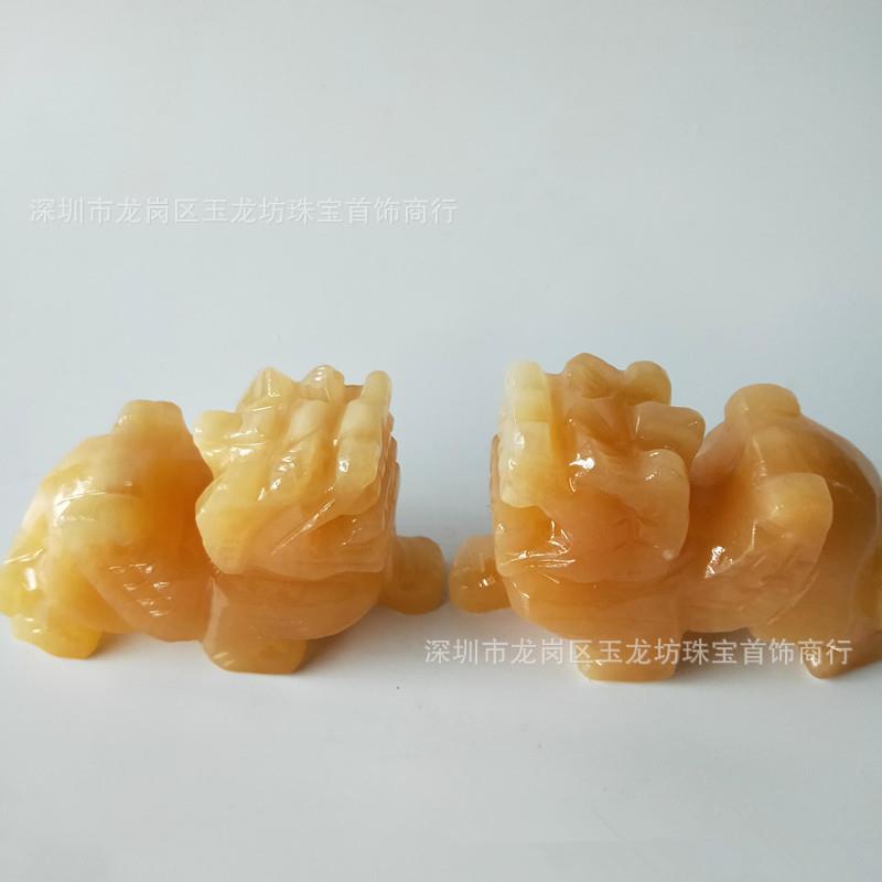 镇平玉龙坊天然米黄玉貔貅摆件一对皮休工艺品直销