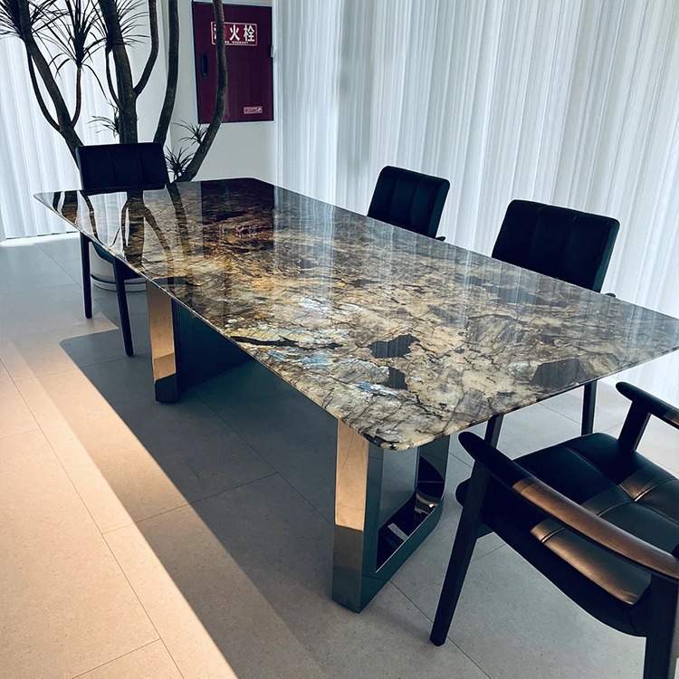 蓝翡翠奢石餐桌蓝宝石天然大理石长方形高级轻奢餐厅天然奢石餐桌