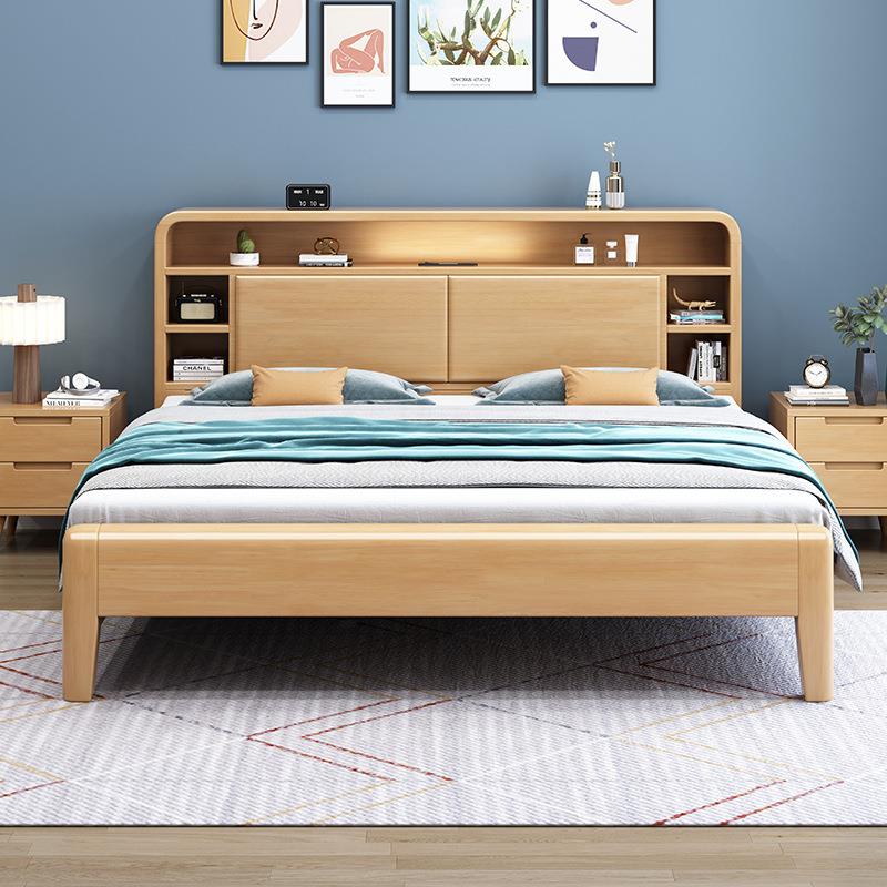 北欧实木床1.8软靠带夜灯双人原木大床1.5米简约小户型卧室储物床
