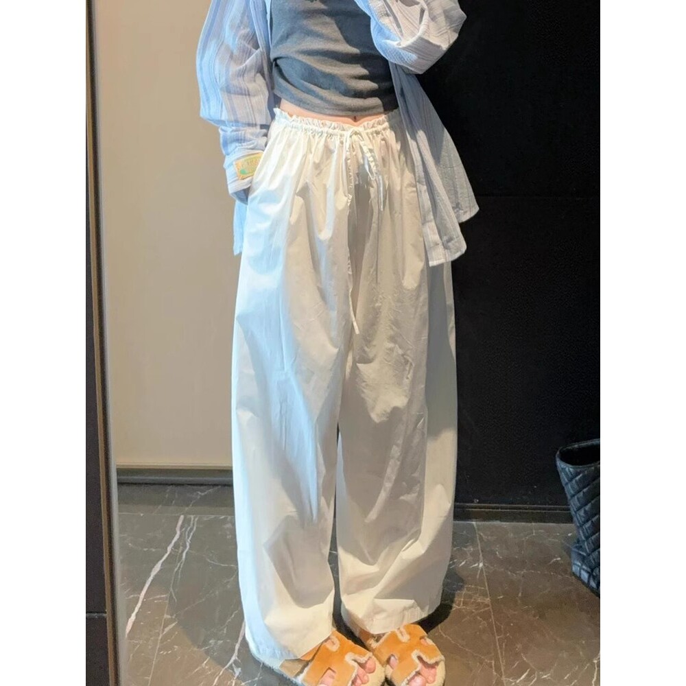 白色天丝松紧腰工装休闲裤子女夏季高腰宽松显瘦小个子垂感阔腿裤