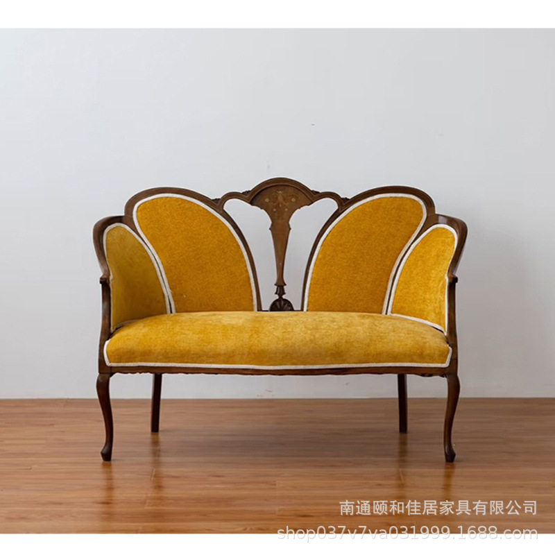 美式乡村实木彩绘沙发做旧复古咖啡厅双人休闲沙发家具布艺沙发椅