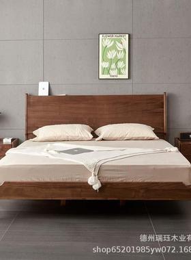 北欧极简黑胡桃木床双人床实木婚床1.8米现代主卧床设计原木家具