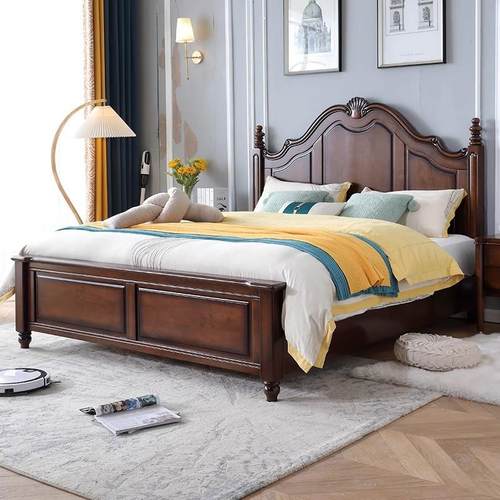 全实木床美式雕花双人床1.8米简约卧室婚床硬靠橡木储物家用大床