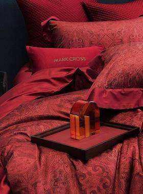 轻奢高端100支长绒棉四件套纯棉婚庆红色印花被套结婚1.8床上用品