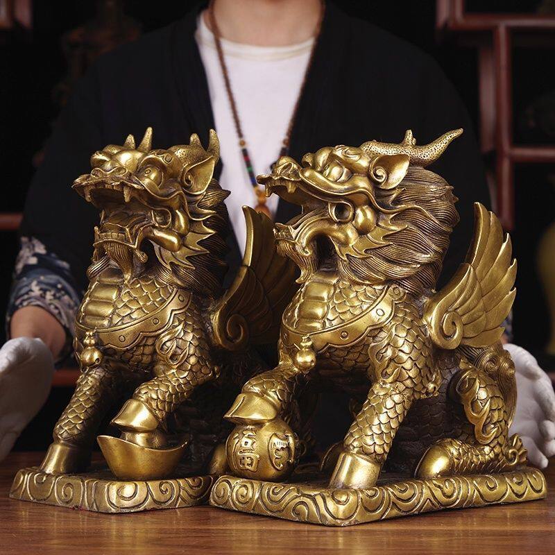 铜麒麟摆件一对家居玄关送子开业办公室麒麟工艺品