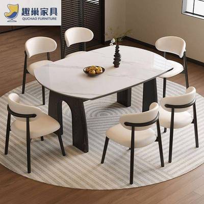 复古风实木餐桌折叠岩板伸缩可变圆桌家用办公大小户型组合餐桌椅