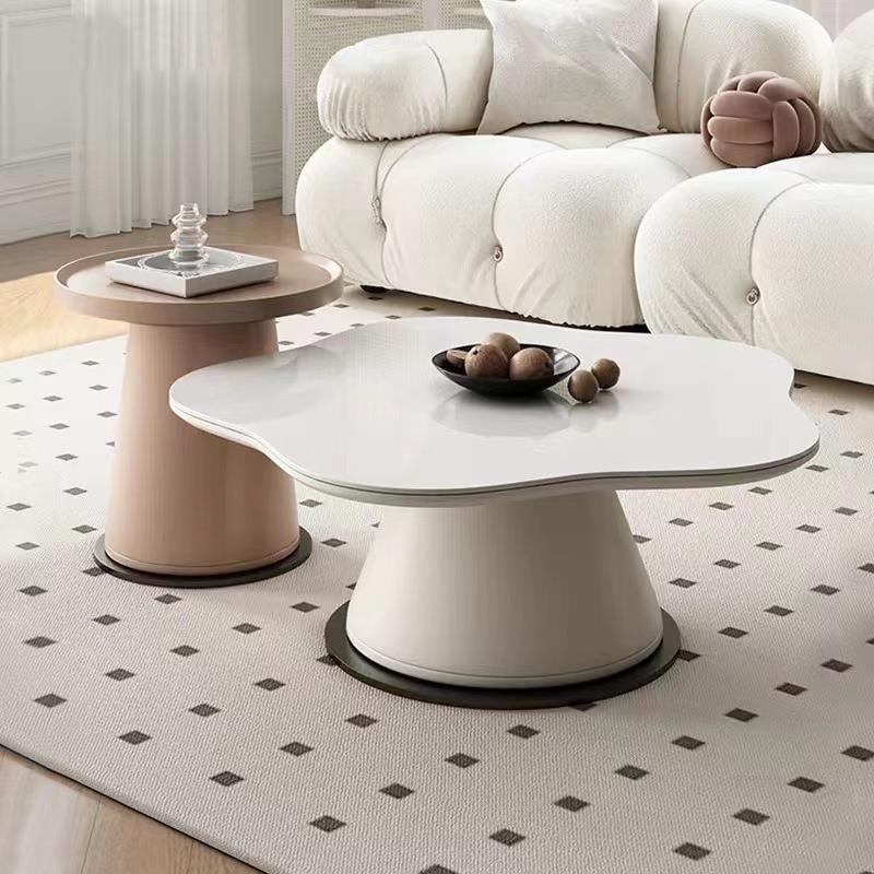 奶油风岩板圆形花朵茶几家用客厅小户型边几简约现代网红四叶草