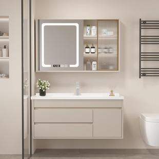 W8奶油风智能实木浴室柜组合陶瓷一体盆小户型卫生间洗手洗脸洗漱