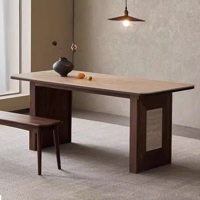 洞石岩板餐桌客厅实木复古中古风大长书桌饭桌子长方形高级