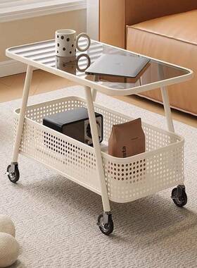 2RYI025新奶款油风可移动沙发边几璃边柜床头钢化玻小车岩板推小