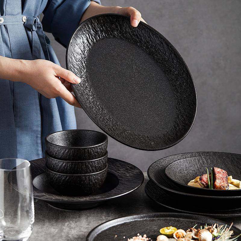 碗装家用简约碗盘轻奢TJS盘碟子碗日式套碗筷陶瓷感黑白餐具套装