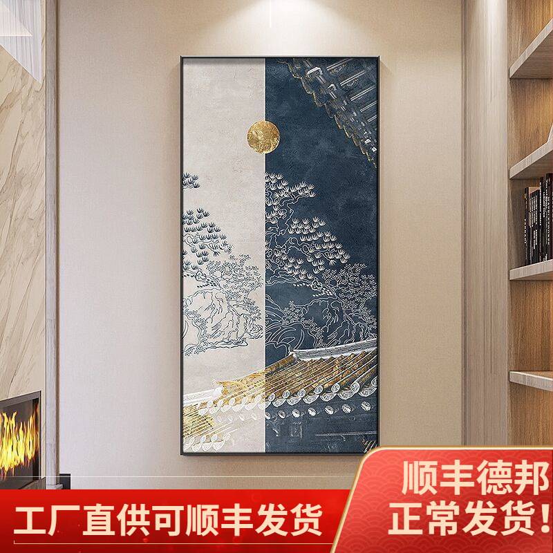 新中式玄关挂画大气复古山水装饰画酒店茶室过道走廊建筑楼阁壁画图片