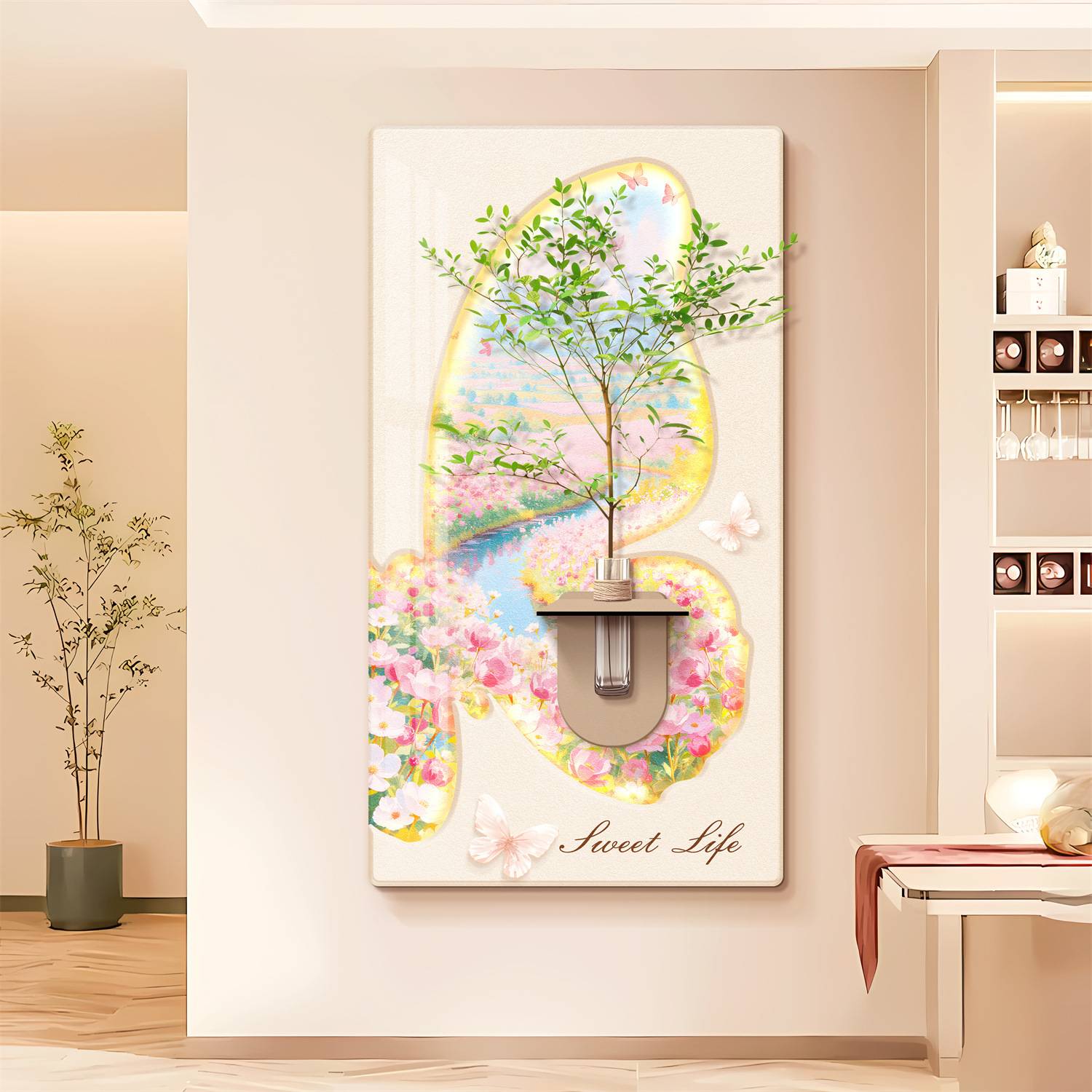 奶油风现代简约立体入户玄关装饰画水培绿植走廊过道晶瓷挂画图片