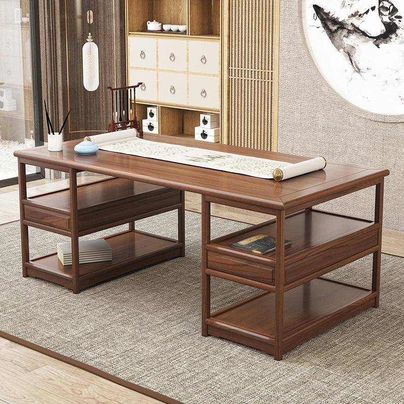 中新中式全实木大书办桌画案书画桌法桌式公桌书架一体倪晟现代书