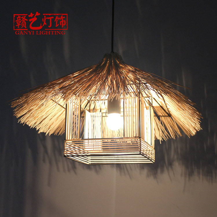 东南亚风中式吊灯创意竹藤灯饰餐馆农家乐饭复古竹编草帽吊灯