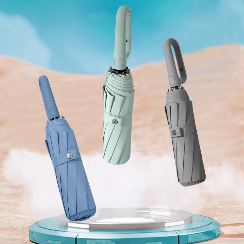 创意设计环扣手柄全自动10骨抗风伞简约J纯色三折自开收男女折叠