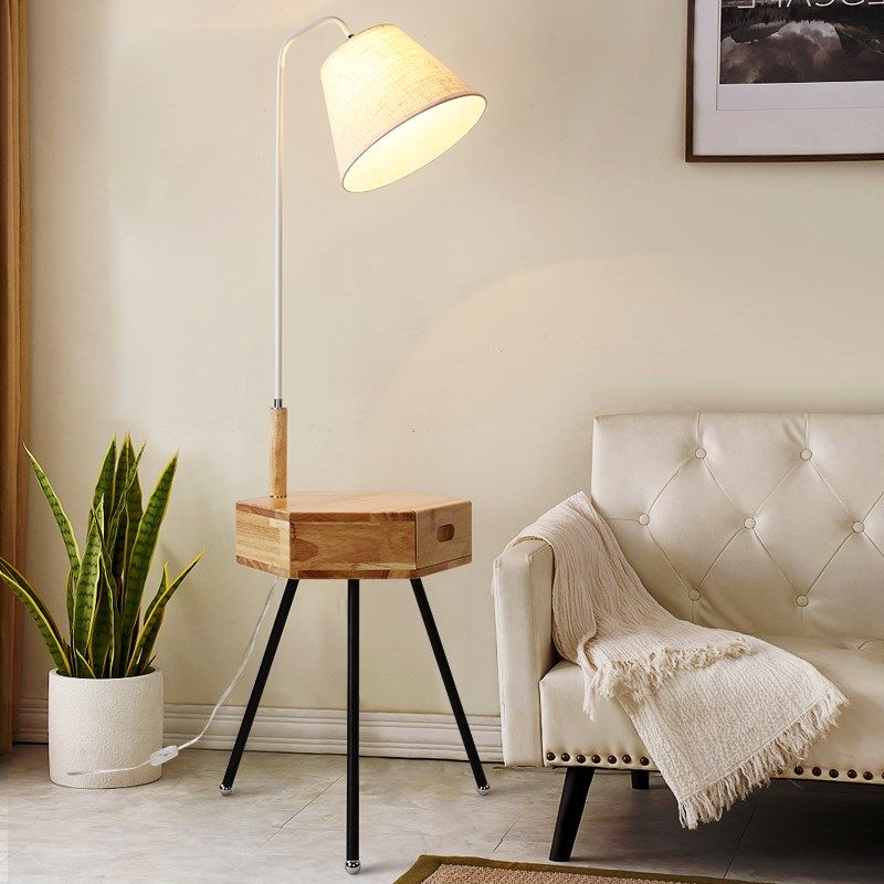 带茶几的落地灯带桌置物架客厅沙发床头柜立灯简欧创意原木质装饰