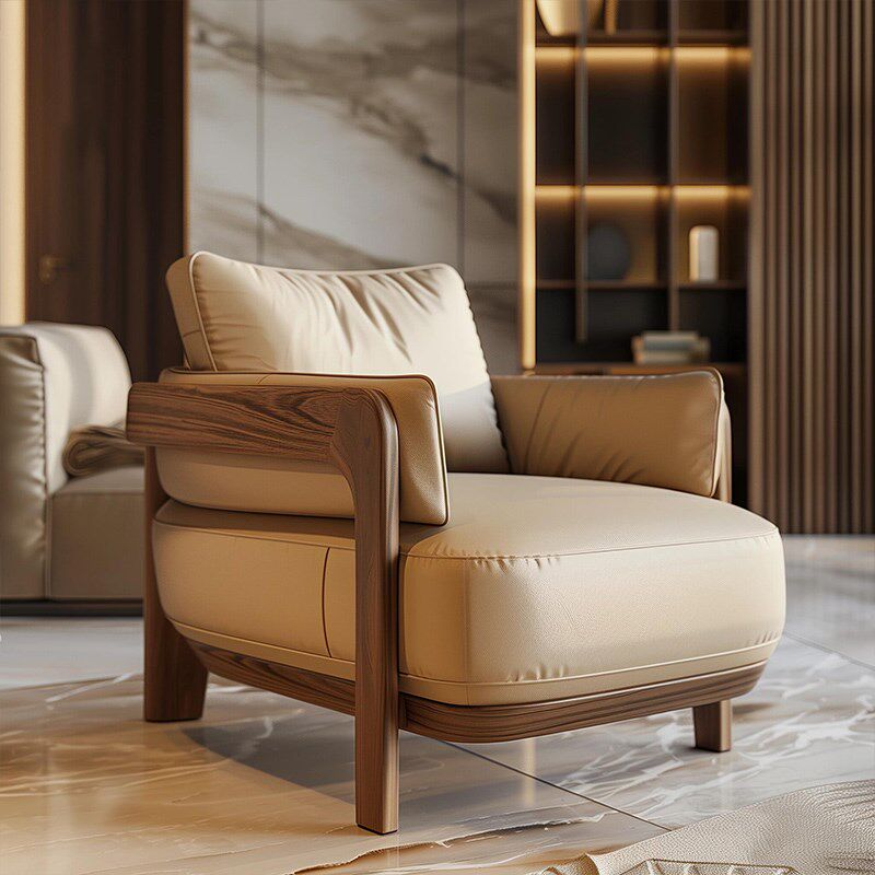 煌家2025新款新中式实木单人真皮沙发椅客厅高端胡桃木休闲椅椅