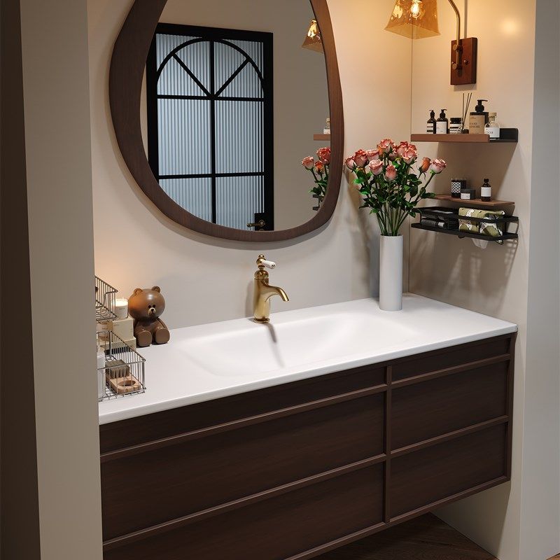 中古风岩板热弯一体盆胡桃浴室柜组合卫生间洗脸洗漱台可丽耐定制