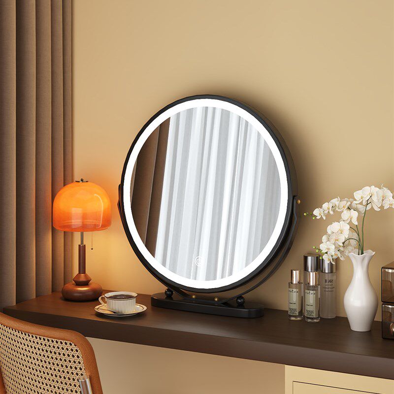 梳妆台镜子led带灯台式桌面中古风高级感卧室可翻转梳妆镜化妆镜